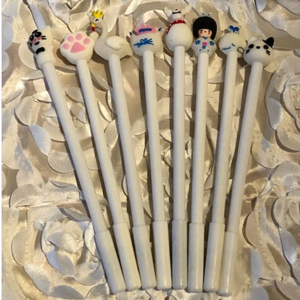 White 8 pc Black Gel Roller Ball Ink Pen Set (0.5mm tip) + Pouch